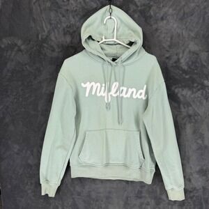 Mifland Mens Script Logo Hoodie‎ Sage Green Cotton Pullover Sweatshirt Size M